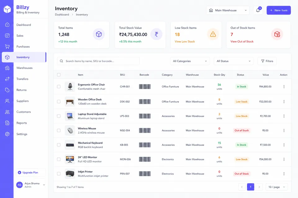 Inventory tracking in RevenueGrowth360